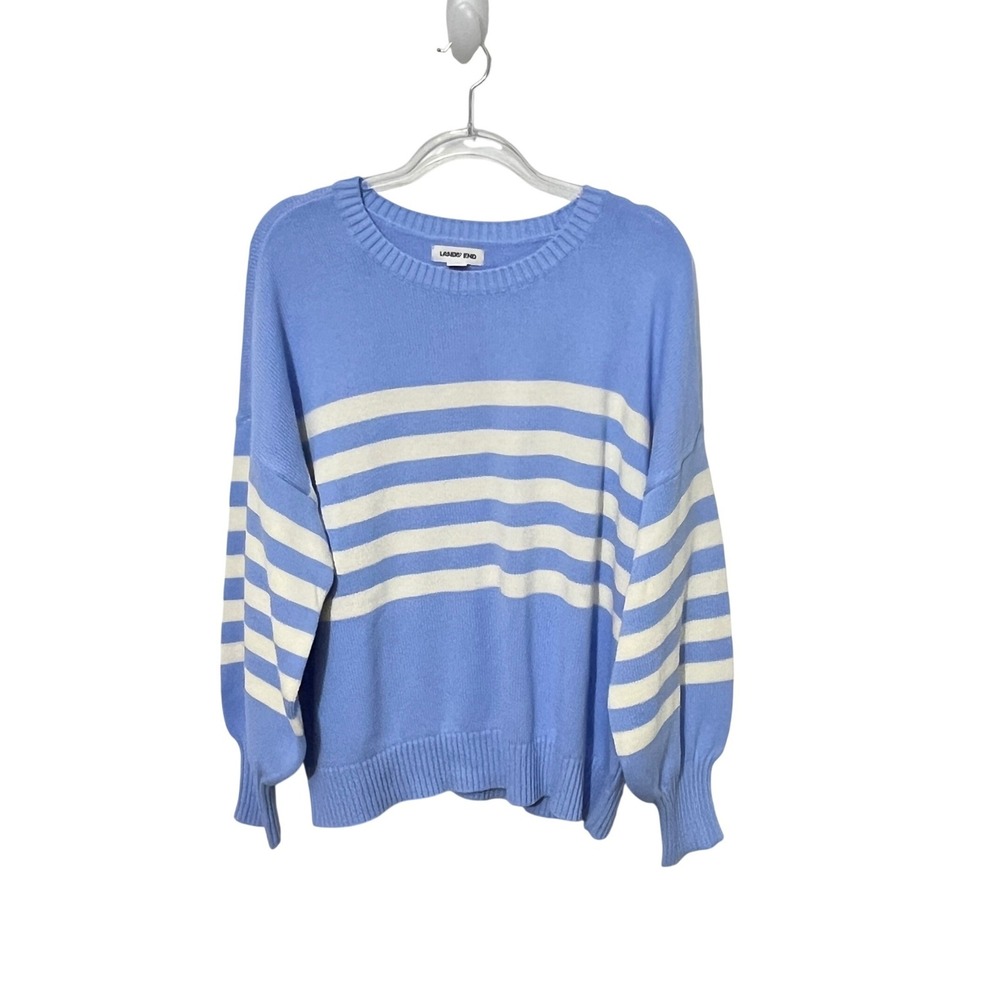 Lands' End Sweater Womens XL Blue White Striped Cotton Crewneck Long Sleeve